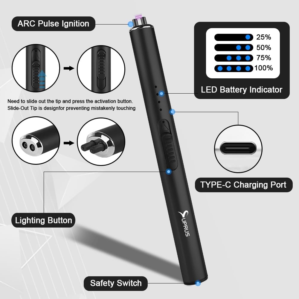 SUPRUS Electric Arc Lighter - Windproof & Flameless USB Rechargeable with Safety Lock | Black