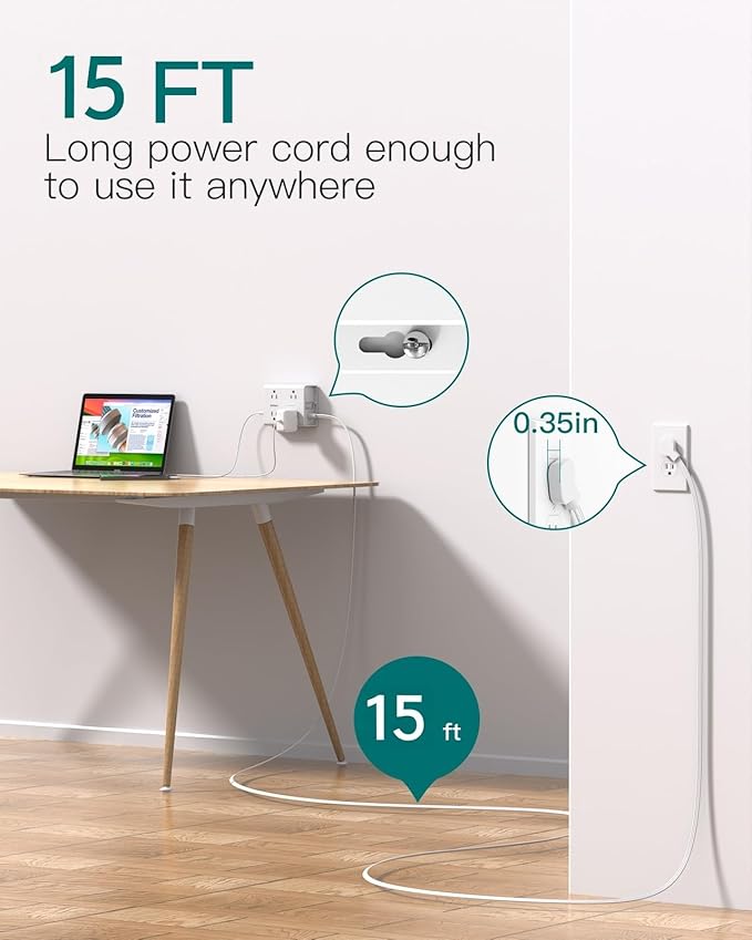 15FT Flat Plug Extension Cord with Multiple Outlets, Surge Protector Power Strip with 8 Outlets 4 USB Ports (2 USB C), Multi Outlet Wall Plug for Home Office College Dorm Room Essentials