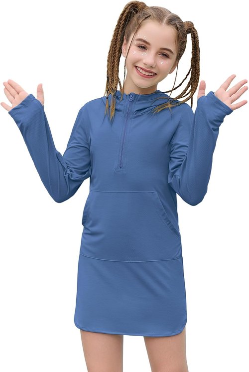 Jxstar Girls' Swim Cover-Up - Long Sleeve Hooded Zipper Rash Guard with Pockets | Perfect for Pool & Beach