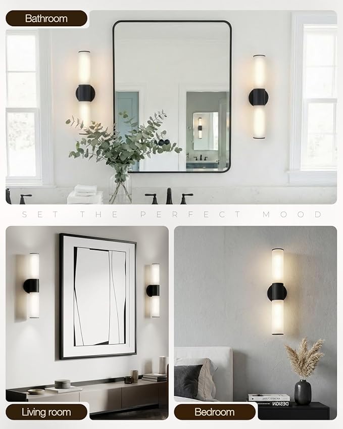 2-Light Bathroom Vanity Lighting Fixture, Black Wall Sconce with Opal White Glass, E26 Stocket Indoor Wall Lamp, Modern Mirror Light. 2 Pack