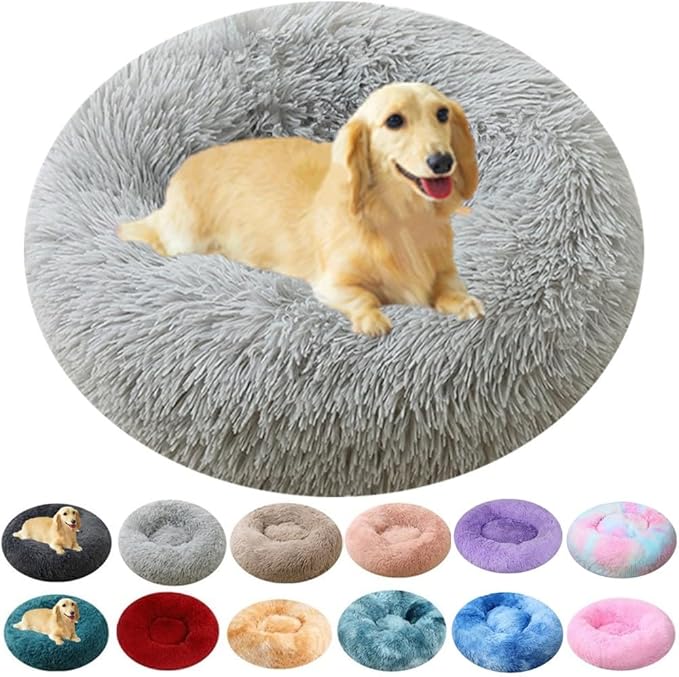 Calming Dog & Cat Bed, 24 Inch Anti-Anxiety Donut Cuddler Cat Bed with Anti-Slip Bottom, Washable Round Fluffy Pet Bed for Small Medium Dogs and Cats (Light Grey)