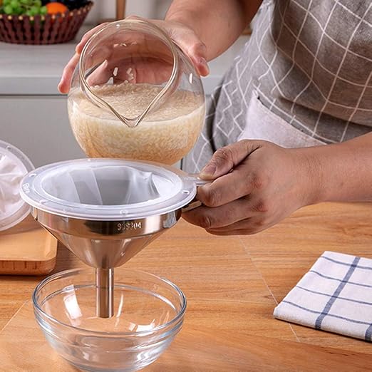 Stainless Steel Funnel with Fine Mesh Strainer, 5-Inch Metal Hopper with Handle, 300 Mesh Cooking Oil Filter Jam Straining Set for Transfer of Liquid Ingredients/Wine/Liquor/Enzymes