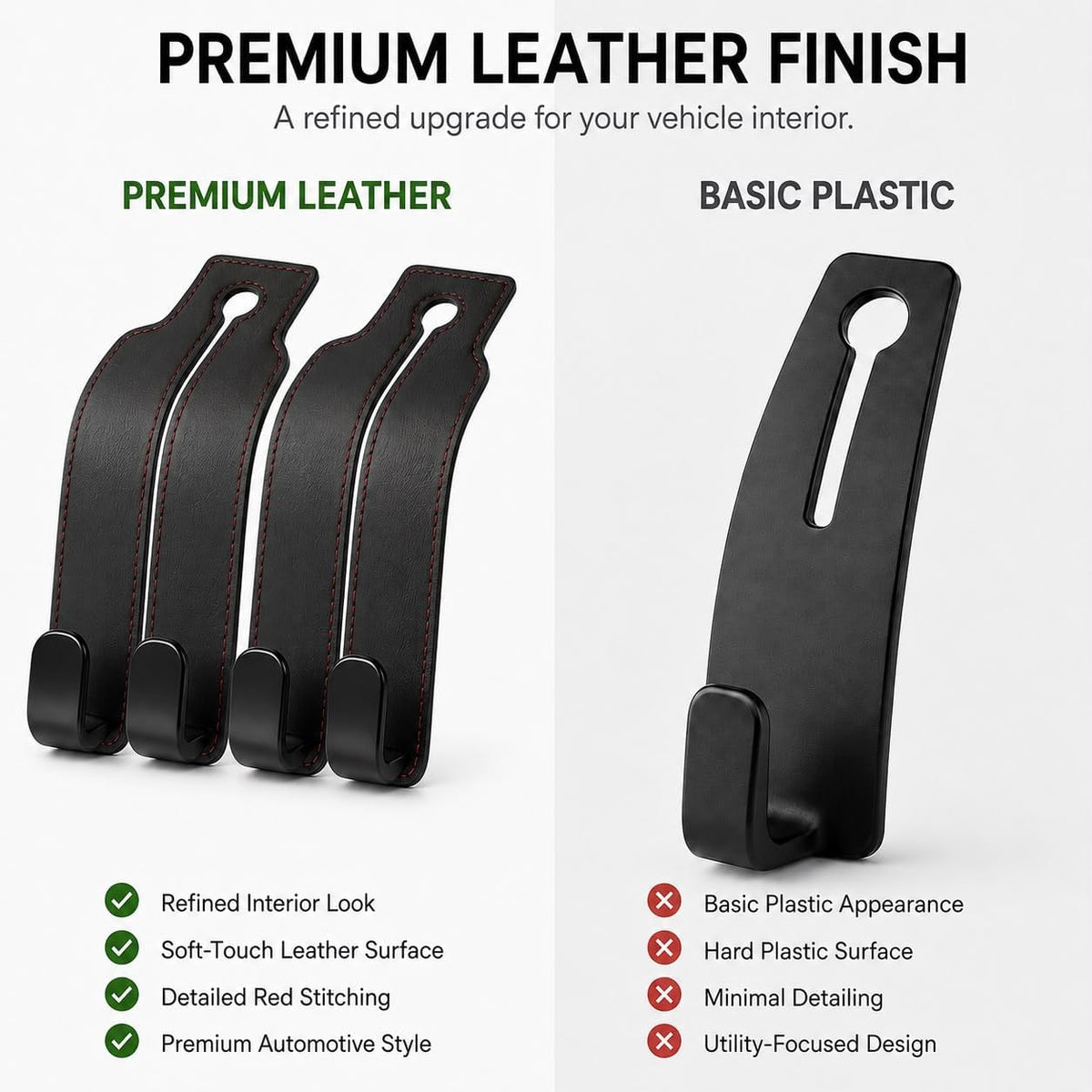 2 Pack Car Seat Headrest Hooks, Black Leather Car Purse Hangers with Red Stitching, Vehicle Back Seat Organizer Hooks for Handbags, Grocery Bags, Keys, Jackets and Accessories