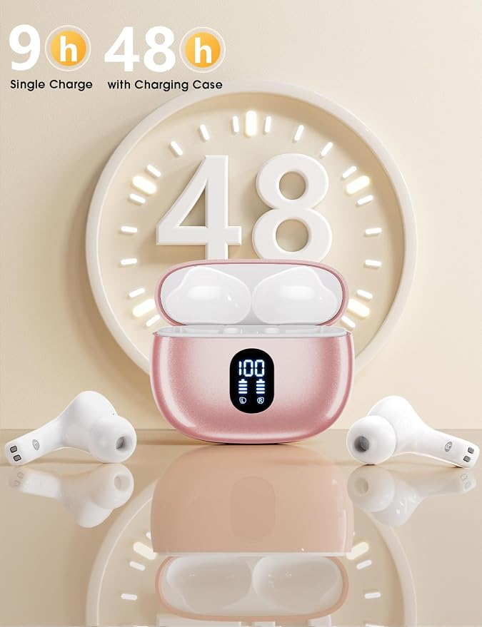 Wireless Earbuds, Hi-Fi Deep Bass Ear Buds, 48H Playtime In-Ear Headphones | 2 Mics for Clear Calls, LED Display, IPX7 Waterproof, Touch Control, Lightweight Bluetooth Earphones for iPhone/TV,RoseGold