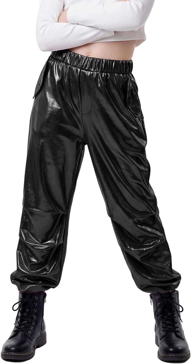 Stelle Girls Metallic Cargo Pants - Shiny Hip Hop Dance Joggers | Sparkly Stretchy Wide Leg for Kids 4-15 Years