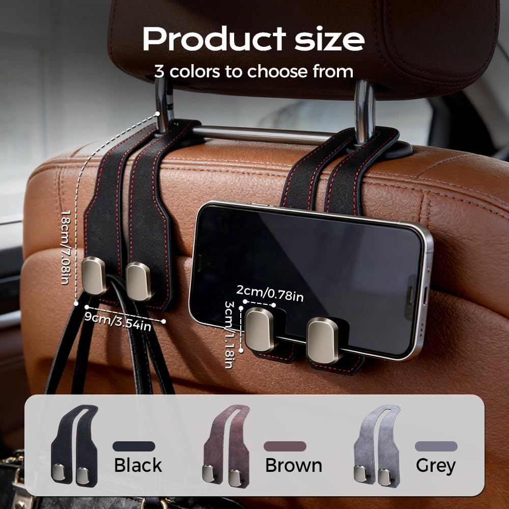 Fauppt Headrest Hooks for Car Car Seat Hooks for Headrest,2026 Hooks for Purses and Bags Cute Car Purse Holder,Twinhook Leather Car Headrest Hangers Seat Back Organizers for Travel (Grey*4)