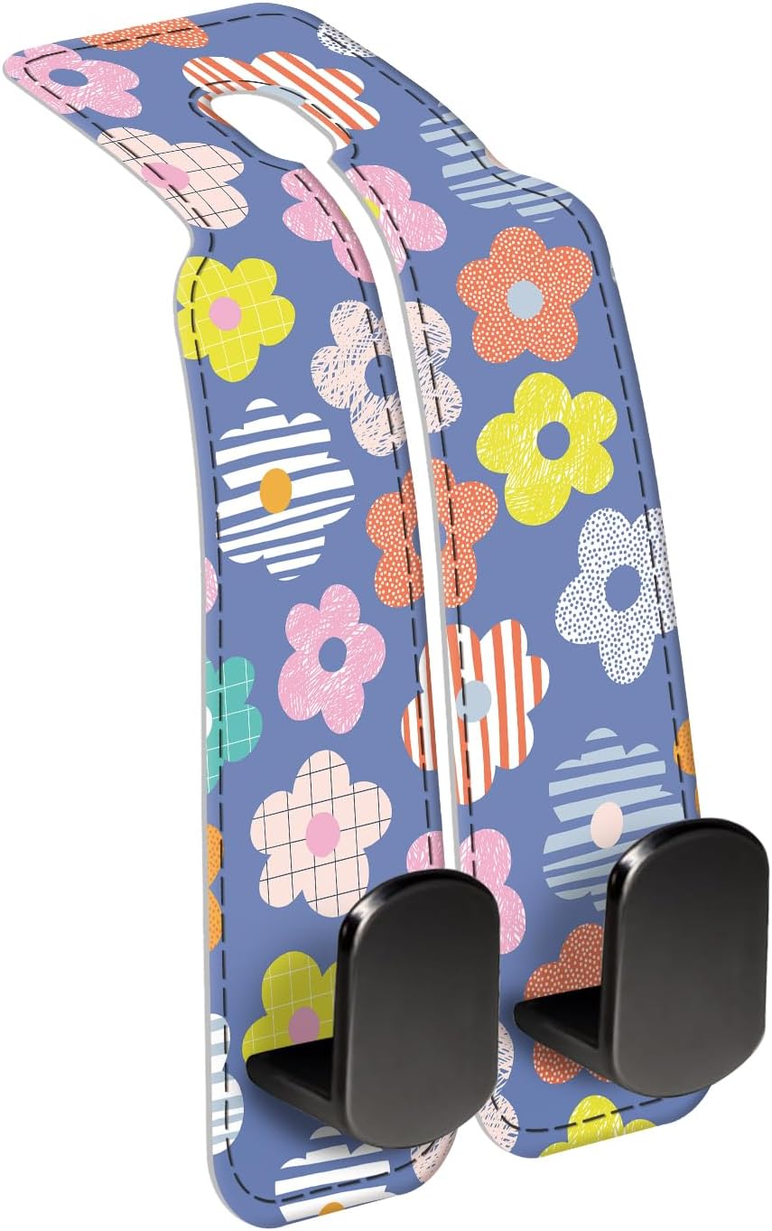 Car Seat Back Storage Headrest Hook, Premium Leather Double Metal Hook, Hanger Storage Organizer for Purse Cloth Bag, Car Interior Accessories Colorful Cute Daisy