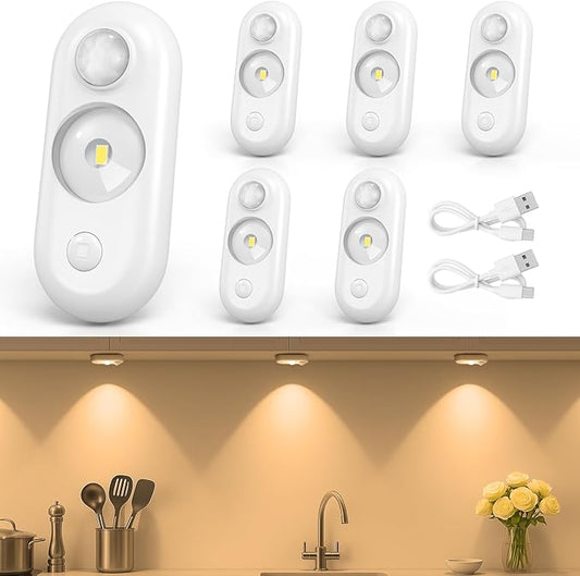 inShareplus LED Motion Sensor Puck Lights, Magnetic Under Cabinet Light Indoor, Small Rechargeable Night Light, Dimmable Sensor Lights for Closet, Stairs, Kitchen, Warm White (6 Pack)
