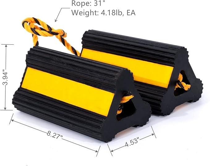 Wheel Chocks Rubber Heavy Duty Trailer Wheel Chocks with Yellow Reflective Visibility Tape and Yellow Nylon Rope 8.27" x 4.53" x 3.94" (Comes with Spare Yellow Reflective Strip)