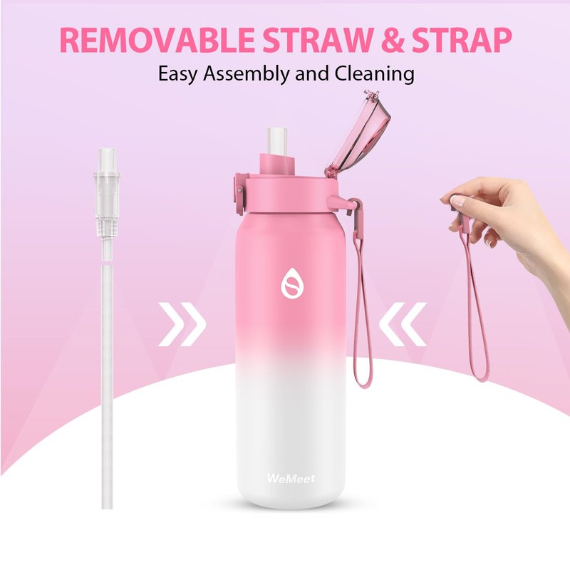 WEMEET Insulated Water Bottle with Removable Straw 17oz, 18/10 Stainless Steel Double Walled Water Cup for Sports, Gym, Travel, and School(PINK WHITE)