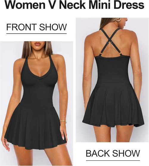 Hragc Women's V-Neck Tennis Dress - Summer Active Mini Dress with Pleated Design & Pockets