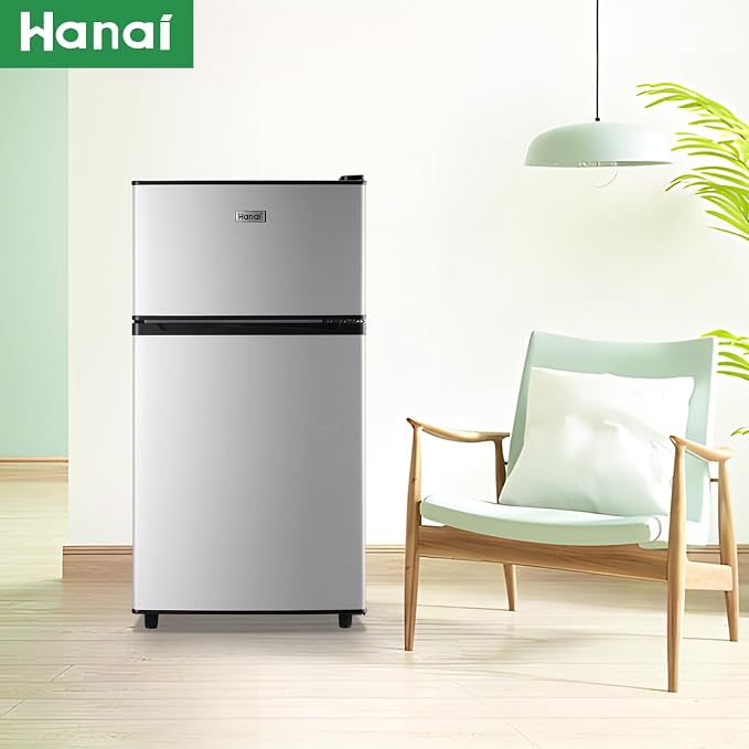 Mini Fridge with Freezer Two Doors Compact Refrigerator with 7 Setting Adjustable Thermostat Crisper Drawer & Removable Shelves Extra Drink Space Low Noise Freezer-on-Top Refrigerator, Silver