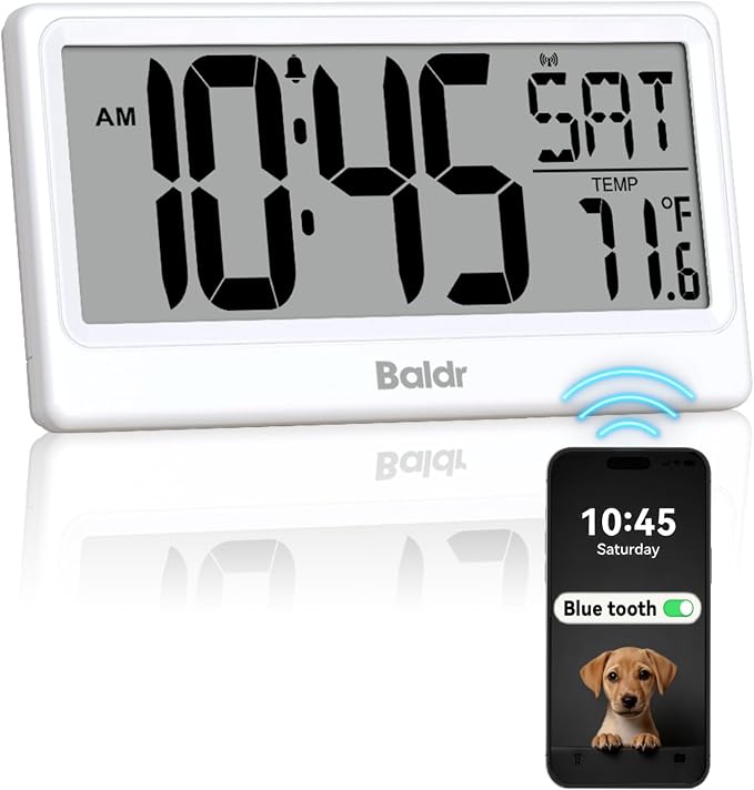 Baldr Digital Clock with Bluetooth Auto Time Sync, No App Required, Large