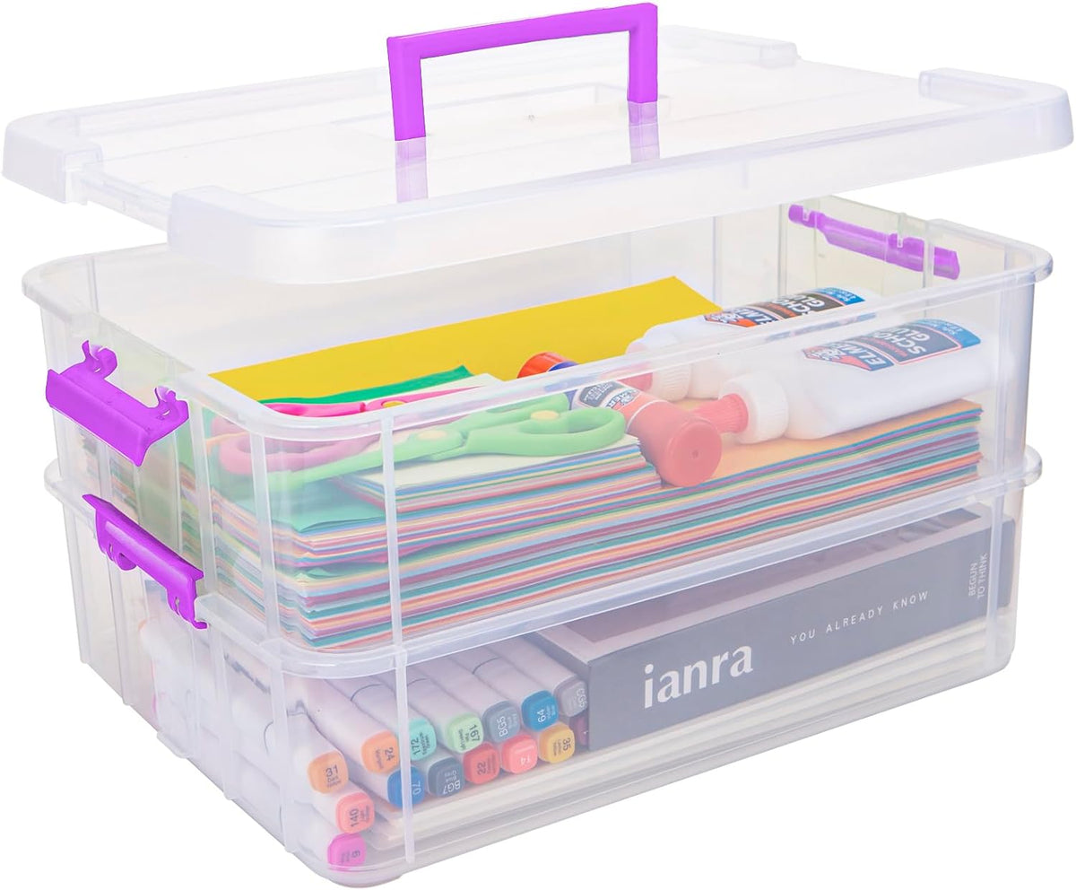 TERGOO 2 Layer Plastic Storage Containers with Lids, Multipurpose Clear Stack & Carry Box, Portable Craft Organizers and Storage Bin for Organizing Art & Craft, Sewing, Makeup, Nail Supplies (Blue)