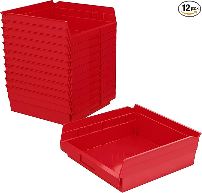 Akro-Mils 30170 Plastic Shelf Bins, Heavy Duty Storage Bins for Garage, Closet, and Drawer Organization, 12-Inch x 11-Inch x 4-Inch, Red, 12-Pack