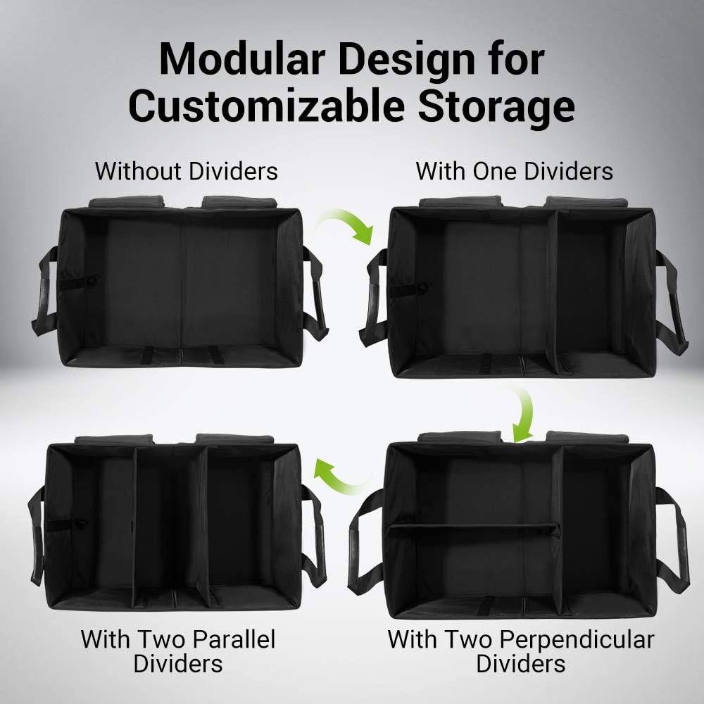 MIU COLOR Car Trunk Organizer with Lid, Collapsible Car Storage Organizer with Reinforced Leather Handles, Non-Slip Bottom, Trunk Organizer for SUV, Van, Jeep (Black with Strap, Extra Large)