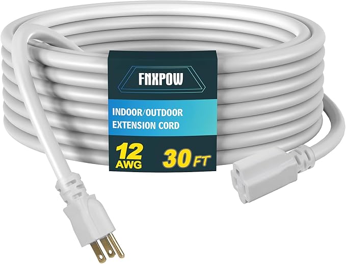 Indoor Outdoor Extension Cord, 12 Gauge 3 Prong Weatherproof Heavy Duty White Extension Cords，12/3 SJTW 15A 30 FT Extension Cable for Garage, Garden and Home, UL Listed