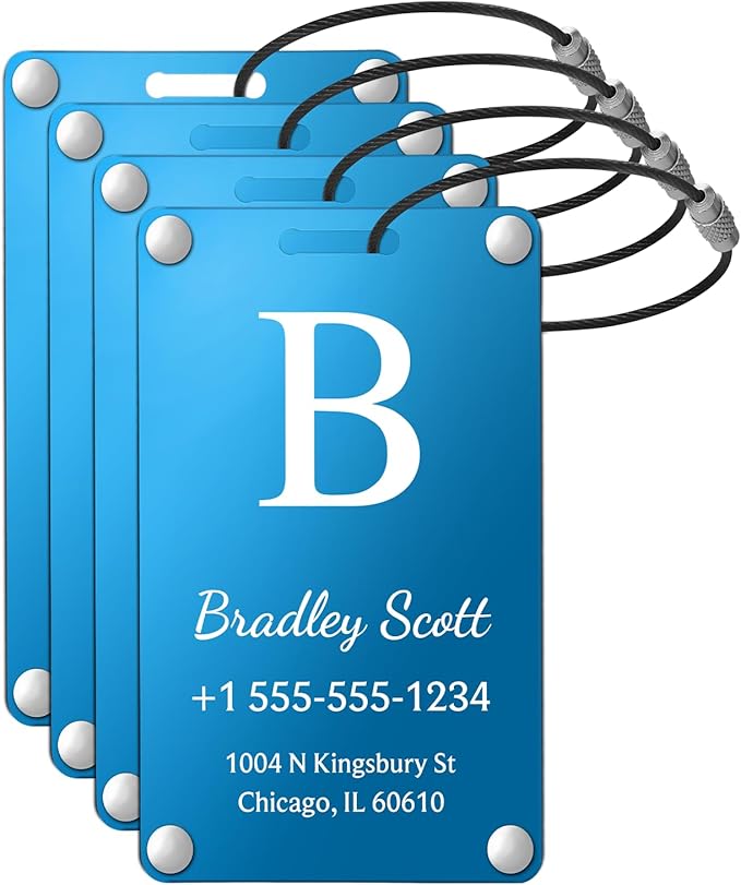 Luggage Tags for Suitcases 4 Pack: Personalized Luggage Tags for Backpacks & Bags Tags with Coustomizable Texts (Blue)