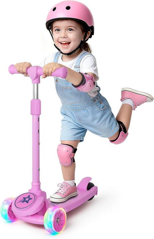 Nattork Kids Scooter - Light Up Wheels & Adjustable Height - Lean-to-Steer, Anti-Slip Deck, Ages 3-8