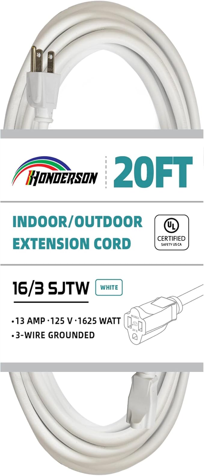 Indoor Outdoor Extension Cord Weatherproof, UL Listed, 16 Gauge 20FT White 3 Prong Heavy Duty, 16/3 SJTW 13A Power Cord for Outdoor Lights, Appliances, Lawn