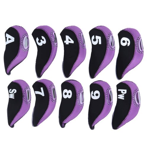 HilBeliFU 10Pcs Head Covers for Golf Clubs, Neoprene Golf Iron Covers Set with Number Convenient, Soft Universal Iron Club Head Cover for Outdoor, Sports Lovers, Black Purple