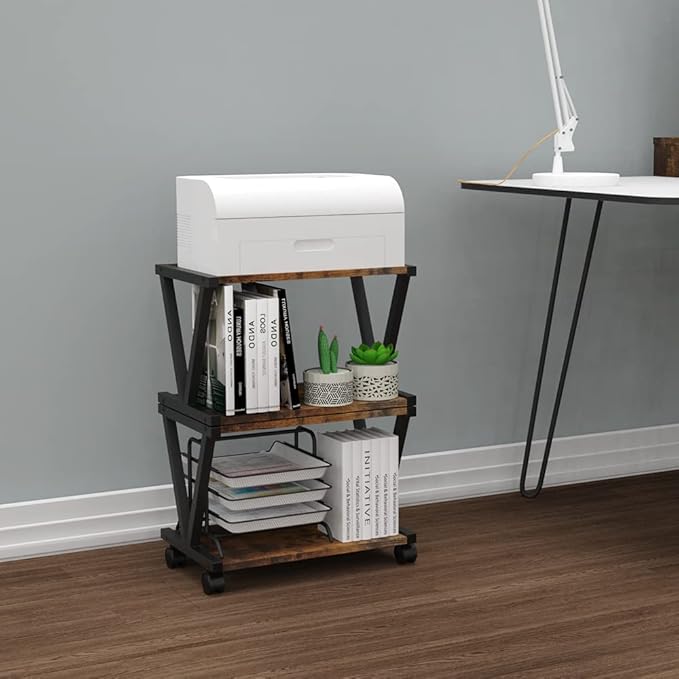 VEDECASA Retro Desktop Printer Stand 2 Tiers Under Desk Wood Printer Shelf