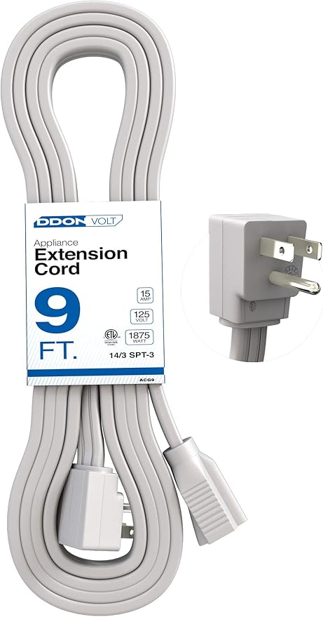 Appliance Extension Cord - 9ft Heavy Duty Gray Extension Wire for Air Conditioner, Refrigerator, & All Major Appliances - 14 Gauge High Voltage 3 Prong Flat-End Appliance Cord, for Indoor use