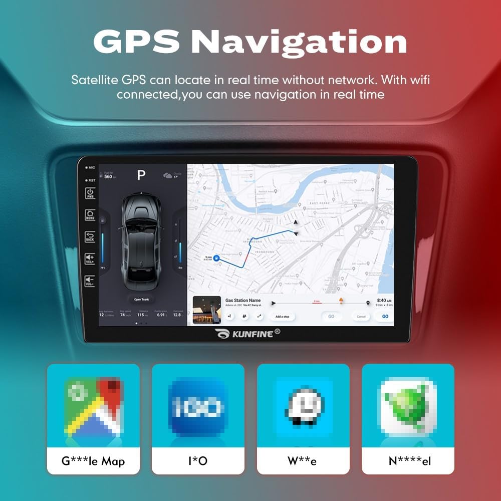 Kunfine Car CarPlay Android Auto Navigation Stereo GPS Radio Reverse Camera Display 9" IPS Touchscreen Headunit Tablet Pad Media Player For Peugeot 301 13-22 if Applicable Quad Core 4G+64G Gloss Black