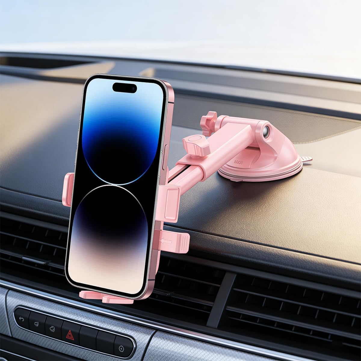Car Phone Holder, 360° Rotatable Strong Suction Cup Dash Windshield Mobile Phone Mount, Hands-Free Auto Dashboard Cellphone Stand, Universal for Most Smartphones (Pink)