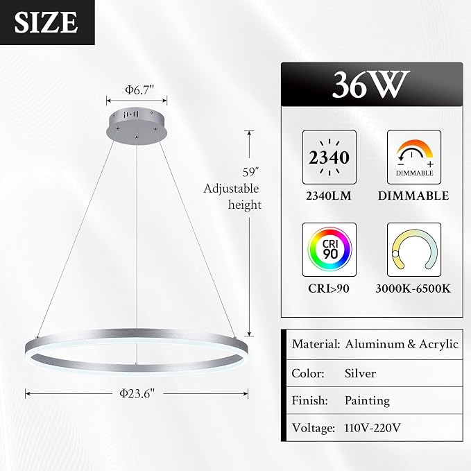 Modern LED Pendant Lighting Ring Chandelier Silver Dimmable LED Chandelier