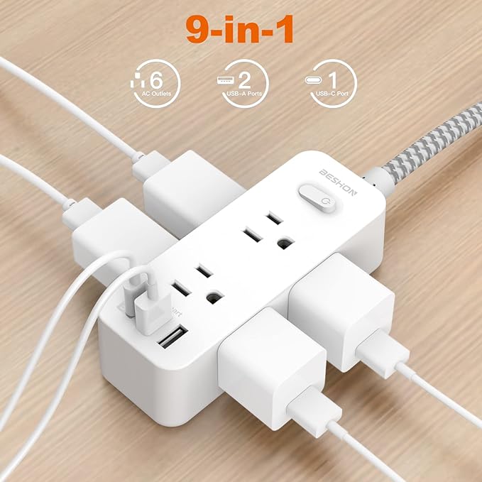 Extension Cord 20FT, BESHON Power Strip Surge Protector, 6 Outlets with 3 USB Ports(1 USB C Outlet), 3-Side Outlet Extender, Wall Mount, Compact for Travel, Home, College Dorm Room, and Office
