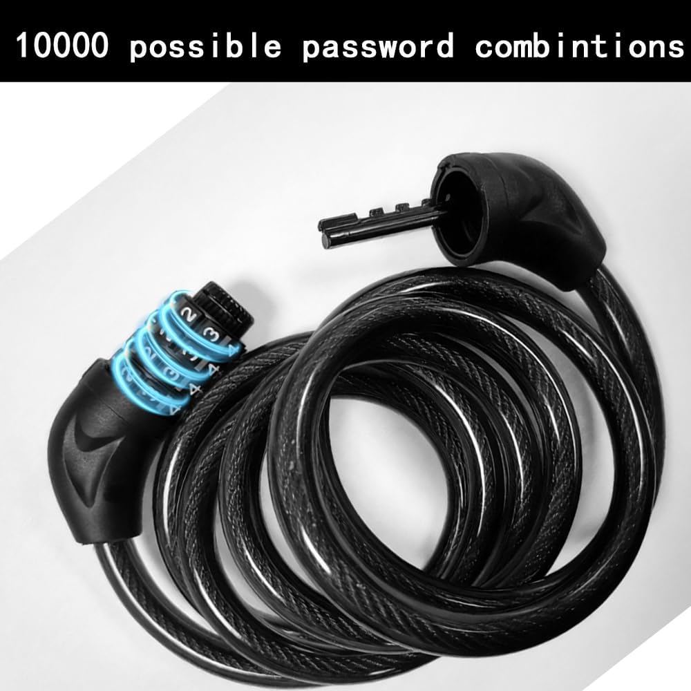 Skiennix Bicycle Cable Lock - 4-Digit Combination Anti-Theft Security | 6-Foot Length, Black