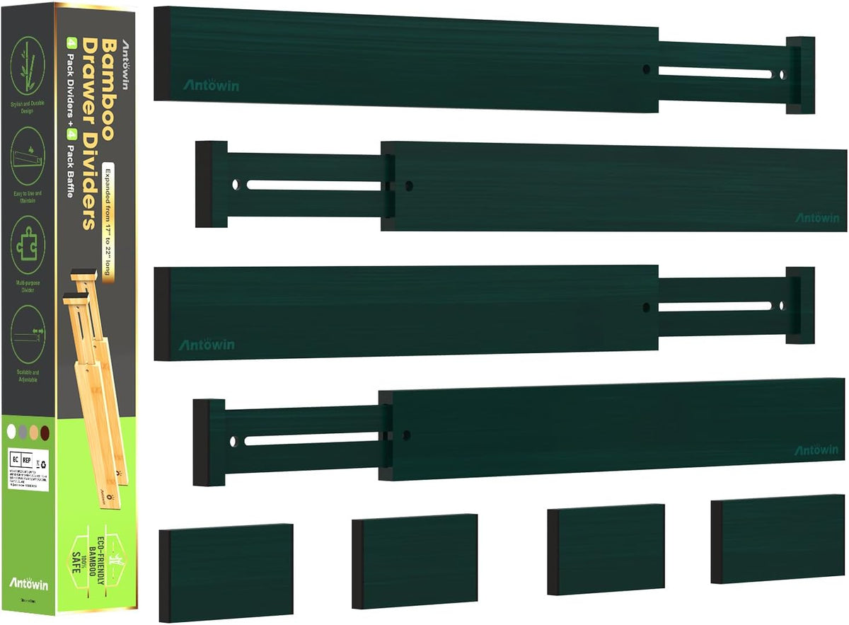 ANTOWIN Bamboo Drawer Dividers Organizers, Expandable Drawer Separators Splitter,17-22 inches Long Adjustable Spring-loaded Organizer for Large Utensil, Clothes, Tools Drawers (Black)