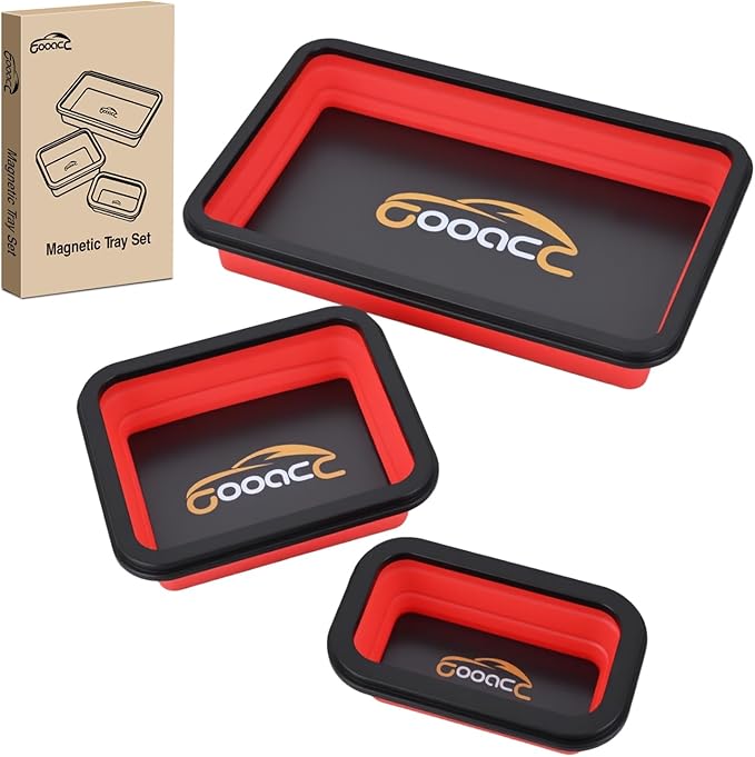 GOOACC 3 Sizes Collapsible Magnetic Parts Tray Set Red Silicone Foldable Tool Trays Organizer for Screws Bolts Nuts Pins Washers and Other Small Metal Parts Double Sided Magnet Base