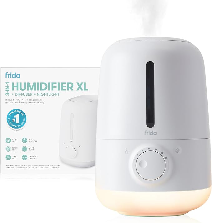 Frida Baby 3-in-1 XL Top Fill Humidifier for Bedroom, Cold & Flu Relief, 6L Tank Cool Mist Humidifier + Diffuser for Large Rooms, Mold Resistant, Nightlight, Auto-Off, Quiet, Essential Oil Diffuser