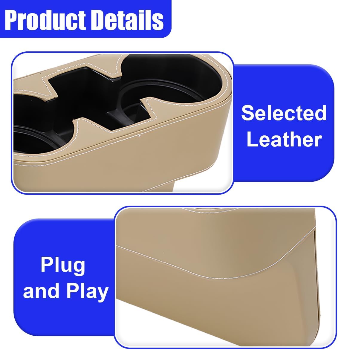 YoRise Car Cup Holder, PU Leather Automotive Cup Drink Holder, Car Seat Gap Filler Storage Box, Multifunctional Front Seat Organizer, Cell Mobile Phone Holder, Coin Bucket (Beige)