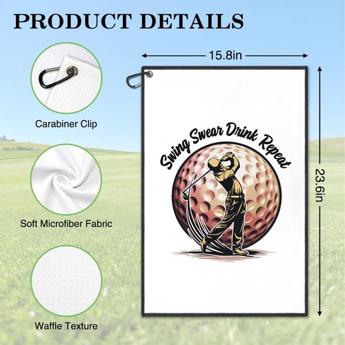 Juoqg Swing Swear Repeat Golf Towel, Fun Golf Bag Towel with Clip, Golfing Accessories for Men, Retirement Birthday Gifts for Golfer Golfing Dad Grandpa Lover, Golfer‘s Club Christmas Thank You Gifts