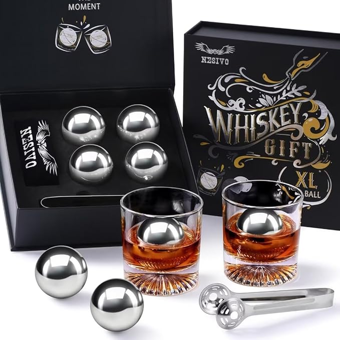Whiskey Balls Reusable 55mm, Bourbon Gifts for Men Stocking Stuffers, Whiskey Ice Stones with Tongs, for Dad Who Has Everything, Anniversary Birthday Gifts for Boyfriend Grandpa Him Husband from Wife