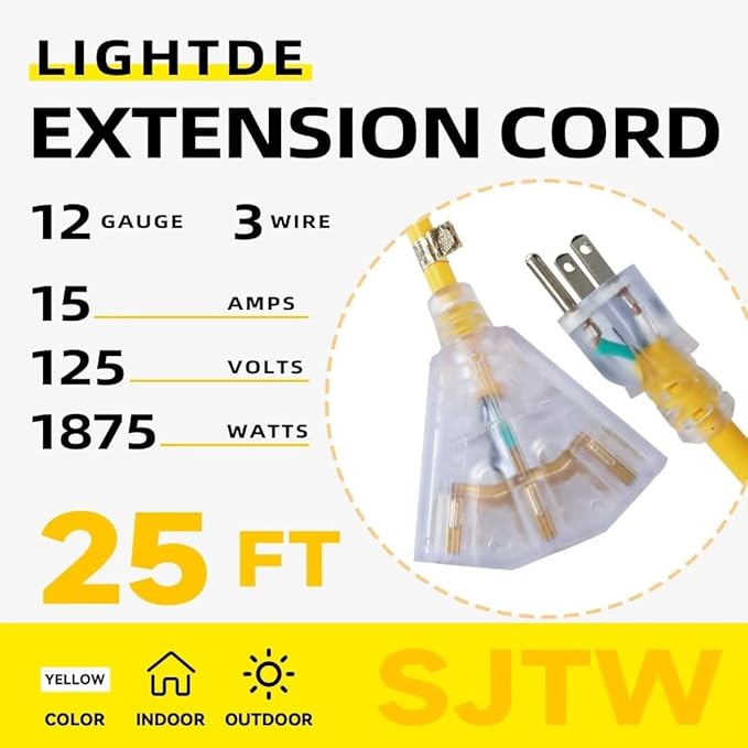 25 Ft Lighted Outdoor Extension Cord with 3 Electrical Power Outlets - 12/3 SJTW Heavy Duty Yellow Extension Cable with 3 Prong Grounded Plug for Safety, UL Listed