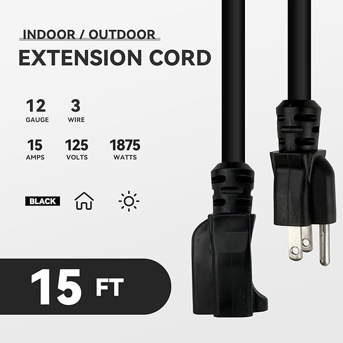 15 FT Outdoor Heavy Duty Extension Cord - 12/3 SJTW 15 AMP Indoor Power Cord with 3 Prong Grounded Plug for Lawn Mower, Appliances, Workshop, Lights Water Resistant Flexible Cable 12 Gauge