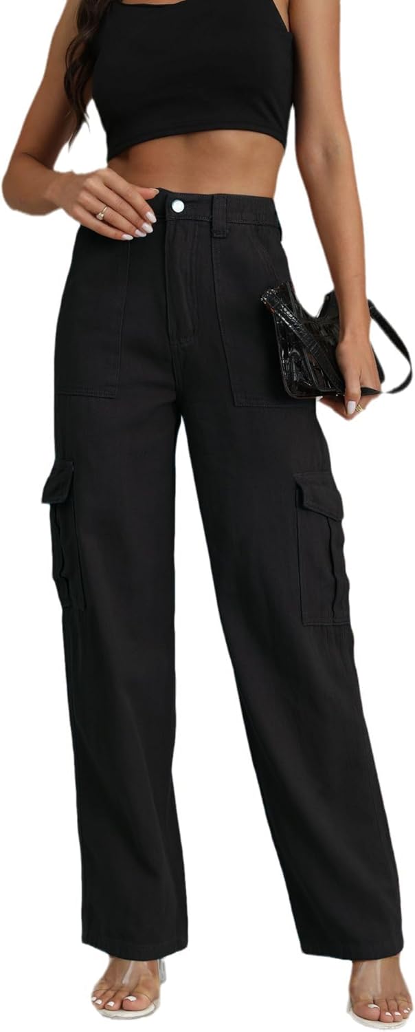 Skiennix High Waisted Cargo Pants - Casual Wide Leg Trousers with 6 Pockets | Y2K Baggy Stretch Design