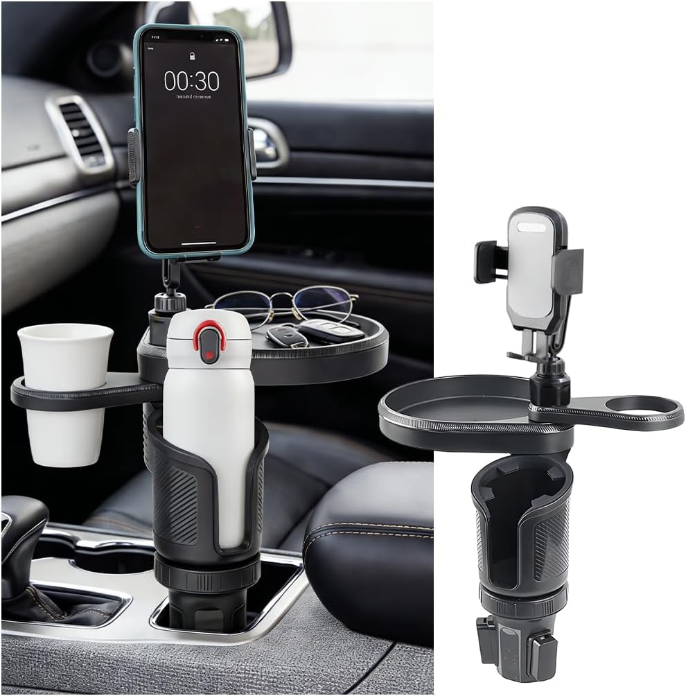 Car Cup Holder Tray, 3 in 1 Multifunctional Vehicle Food Water Bottle Phone Holder Expander Adapter with Adjustable Base, Detachable Auto Interior Food Tray Table, Universal Fit (Carbon Fiber)