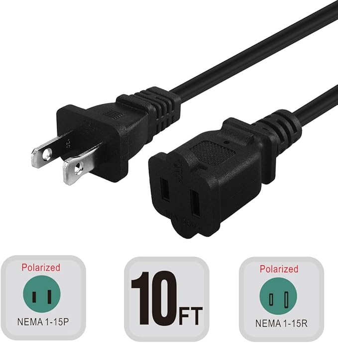 10FT(3M) Polarized US 2-Prong Male-Female Extension Power Cord Cable, 2 Outlet Extension Cable Cord US AC 2-Prong Male/Female Power cable10A/125V,Nema 1-15P to 1-15R Cable Polarity