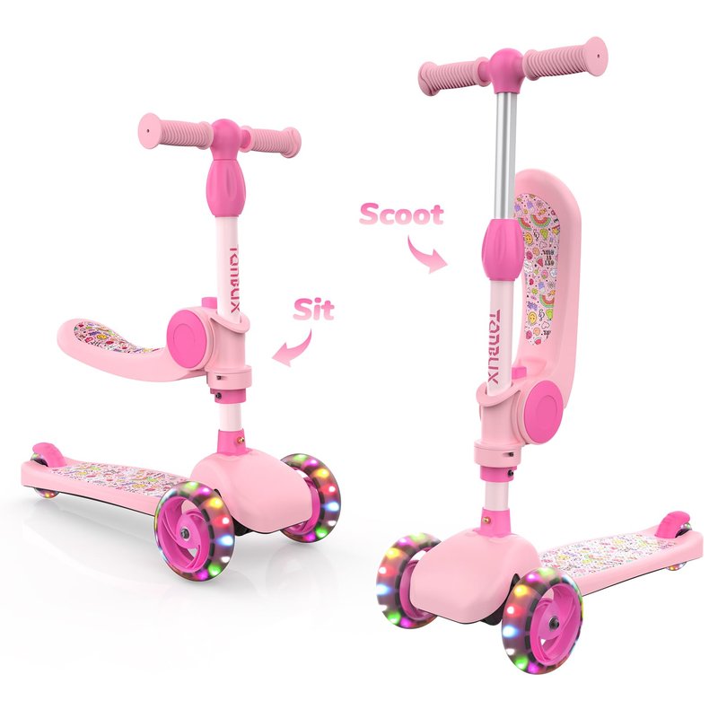 TONBUX Kids Scooter with Seat, 3 Wheels Scooter with PU Luminous Wheels, Non-Slip Handle and Wide Deck, Sensitive Brakes, 4-Level Adjustable Height, Scooters for Kids 2–8 Years Pink