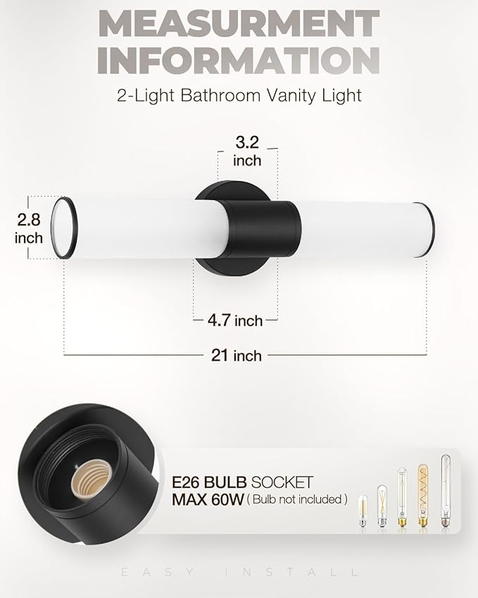 2-Light Bathroom Vanity Lighting Fixture, Black Wall Sconce with Opal White Glass, E26 Stocket Indoor Wall Lamp, Modern Mirror Light. 2 Pack