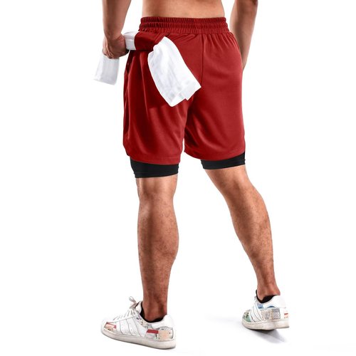 FIONECA 2 in 1 Mens Shorts Casual 2 Pack, Running Gym Shorts for Men 7 Inch, Workout Shorts Men with Pockets &Towel Loop -(Black&Red,XL)