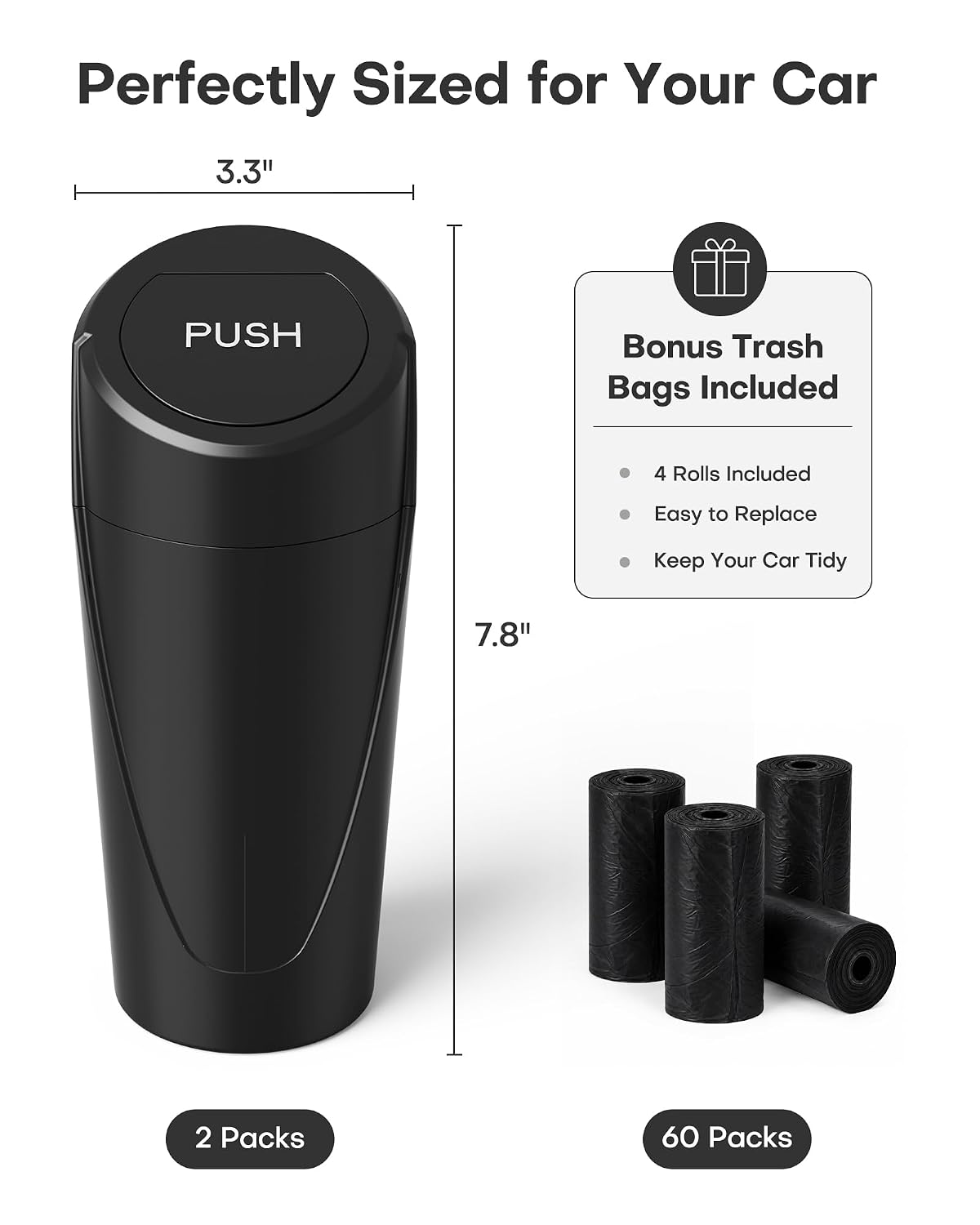 HOTOR Car Trash Can, Black Car Garbage Can with Lid, Bonus Bags, L(2 Pack)