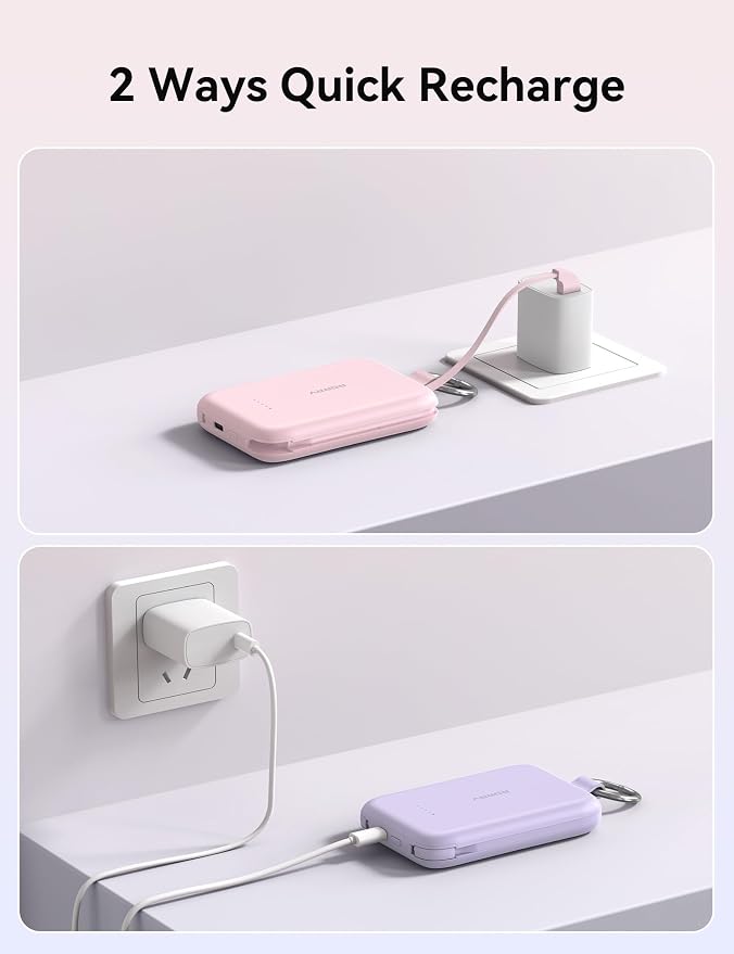 RORRY Portable Charger, 10000mAh PD 30W Fast Charging Portable Charger Power Bank with Built-in Cables, Travel Keychain Charger Battery Pack for iPhone 17/16/15/14/13/12, for AirPods 2/3/4/Pro, Purple