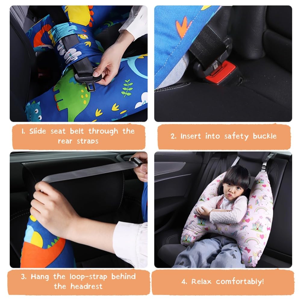 Travel Pillow Car Cushion for Kids 6 Years Old+ Shoulder Neck Back Support & Seat Belt Comfort, Road Trip Cozy Sleeping Gift for Young Travelers, Parents, Families, Baby Shower (Dinosaur Blue)