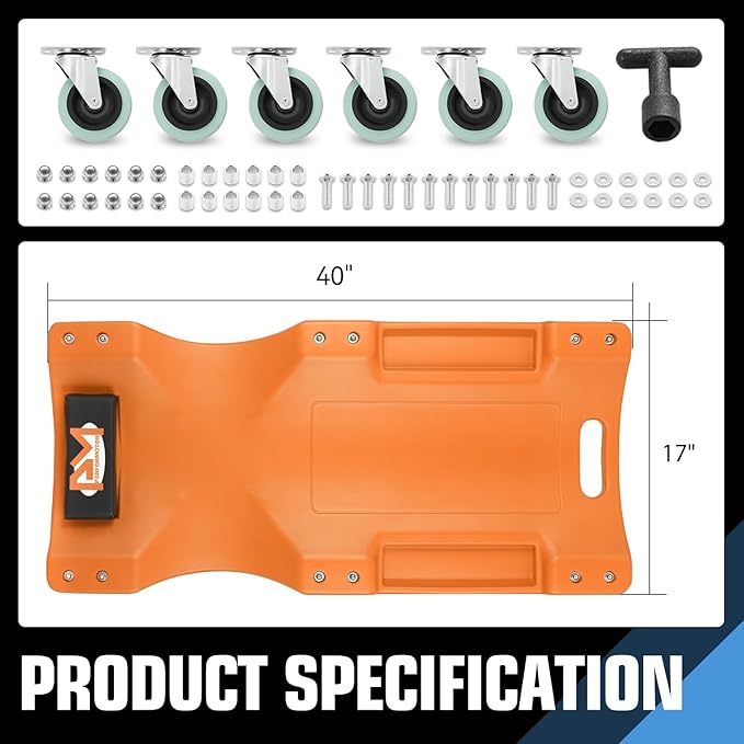 PM PERFORMOTOR 40" L X 19" W Vehicle Repair Low Profile Automotive Creeper w/Padded Headrest, Orange, PM-TOL-CPC40-OG
